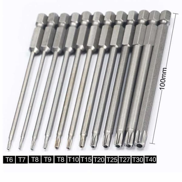Torx bitssæt, 11 bits T6-T40 - S2 legeret stål - 100 mm længde - 1/4\" magnetisk sekskantet skaft