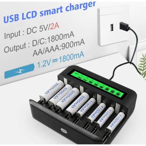 8-spors rask LED universell batterilader, batterilader for AA/AAA/C/D Ni-MH Ni-CD oppladbare batterier med USB-port
