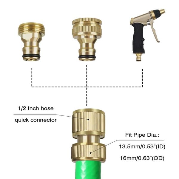6-delt messing 2-i-1 hagekran-koblinger 1/2\"-3/4\" + 3 hurtigkoblinger 1/2\"