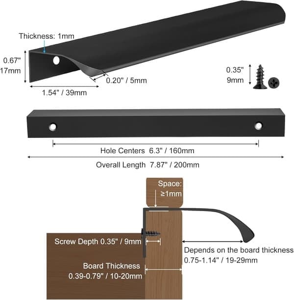 5-pak sorte køkkengreb, 200 mm garderobeskabsgreb, moderne aluminiumsgreb til badeværelsesskabe, mat sort 200 mm 200mm