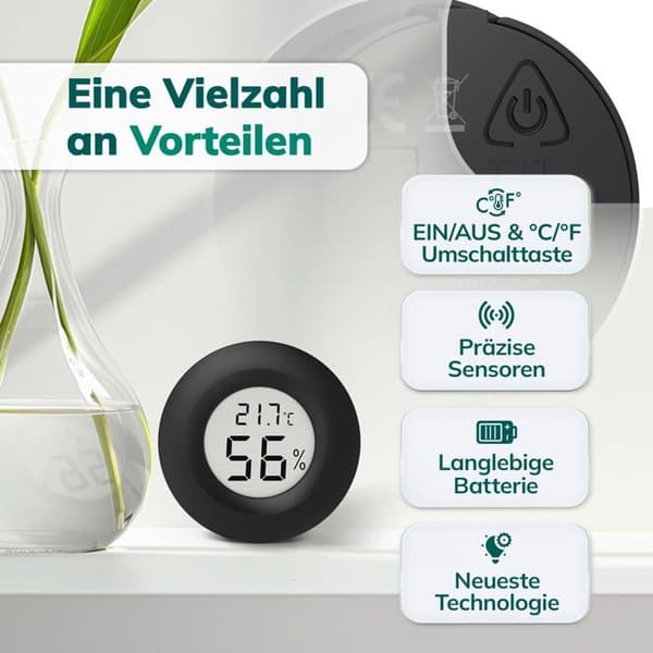 Mini rundt digitalt indendørs termo-hygrometer, sort – 2-i-1 termometer og hygrometer