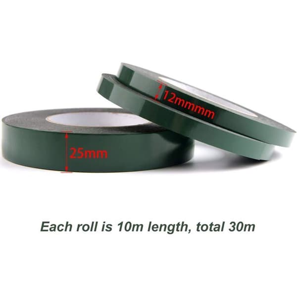 Dubbelhäftande tejp, 3-pack (2 x 12 mm + 1 x 25 mm) - Extra stark - Vattentät - 1 mm PE-skum