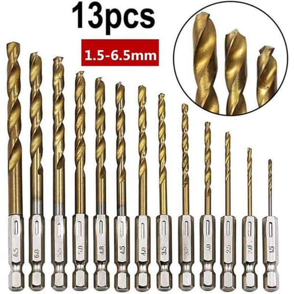 Sæt med 13 HSS-spiralbor 1,5–6,5 mm - TiN - 6,35 mm sekskantskaft - 45° spids