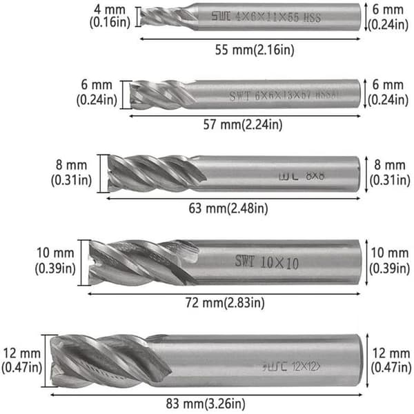 Sæt med 5 HSS-fræsere med 4 skær – Ø 4/6/8/10/12 mm