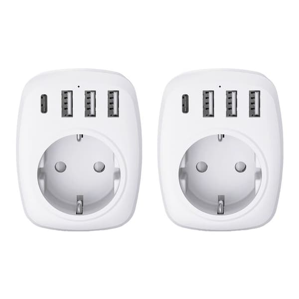 Pakke med 2 EU/UK-adaptere + 4 USB-porter - Voltman