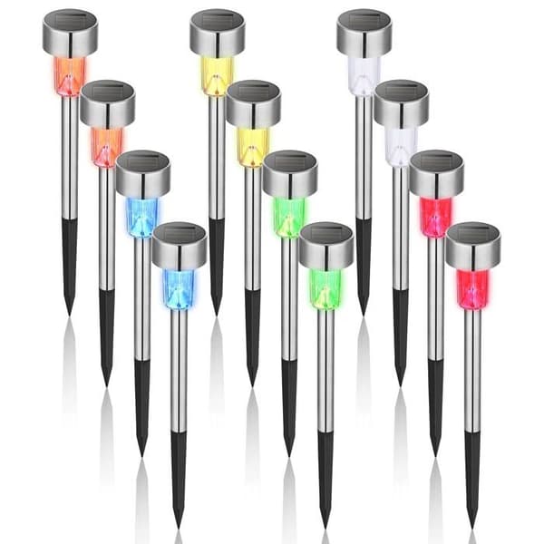 Sæt med 12 IP65 solcellelamper i rustfrit stål med flerfarvede LED'er – 36 cm, til nedgravning