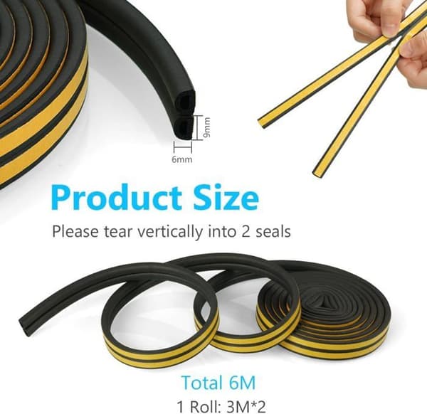 D-profil 9×6 mm EPDM skumtätningslist, starkt lim, ljudisolering – 2-pack