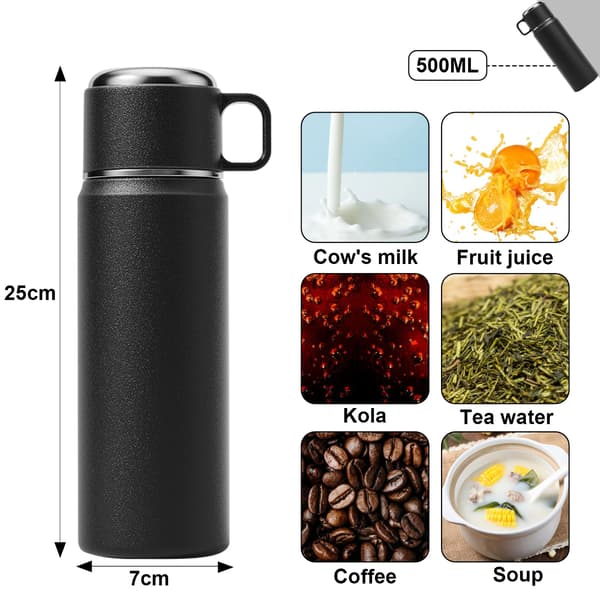 Vandflaske i rustfrit stål 550 ml Dobbeltvægget vakuumtermokande Rejsekaffe Sort Black
