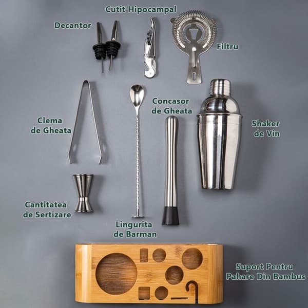 Bartenderset, rostfritt stål/bambu, 550 ml Cobbler Shaker, 10 delar, silver/brun