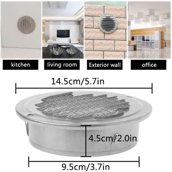 Rund ventilationsrist i rustfrit stål Ø 100 mm (Ø top 145 / bund 95 x H45) – til væg-/skorstensmontering