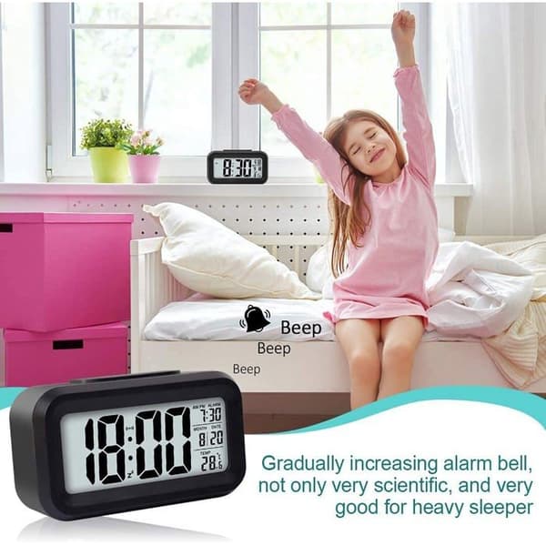 Digital vekkerklokke med stor LED-skjerm - Tid/Dato/Temperatur - 5-minutters slumrefunksjon - Sensorlys