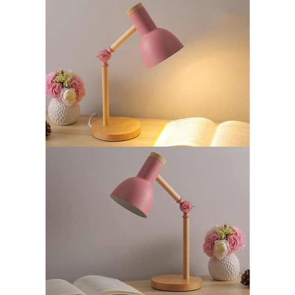 Klassisk design LED-leselampe i tre med svingbare trearmer, E27-sokkel, rosa