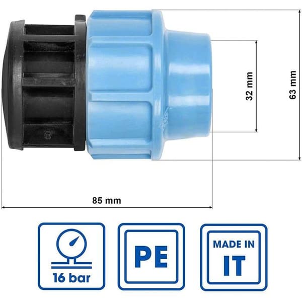 32 mm hunnkappe for polyetylen (middels tetthet) vannrør - 16 bar - blå