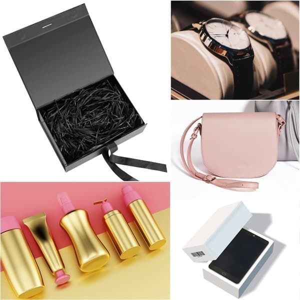 Svart presentförpackning med band, magnetiska presentlådor med lock, dekorativ presentförpackning, presentationslåda för presenter svart