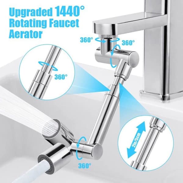 1440° kranlufter - 4 ledd 360° - 5 cm teleskoparm - Dusj-/boblemodus