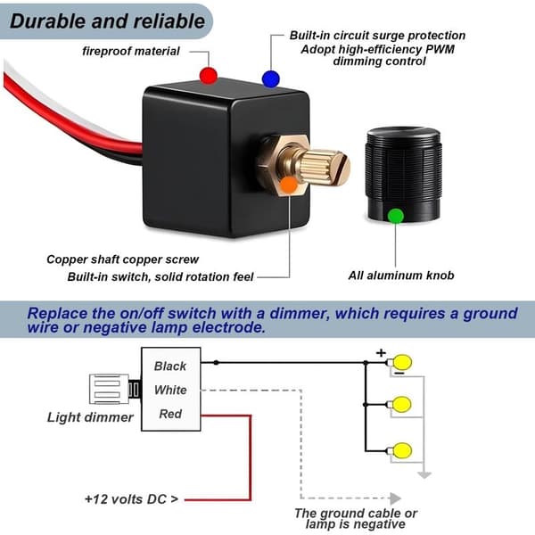 PWM LED Dimmerbryter DC 12V 5A, 0% til 100% Dimming, Egnet for Bobiler, Campingvogner, Varebiler, Lastebiler, Biler, Båter