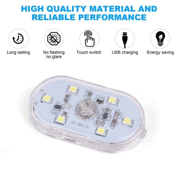 2-delt bilinteriørlys med 6 oppladbare hvite LED-er - berøringsbryter, 3M/magnetisk montering