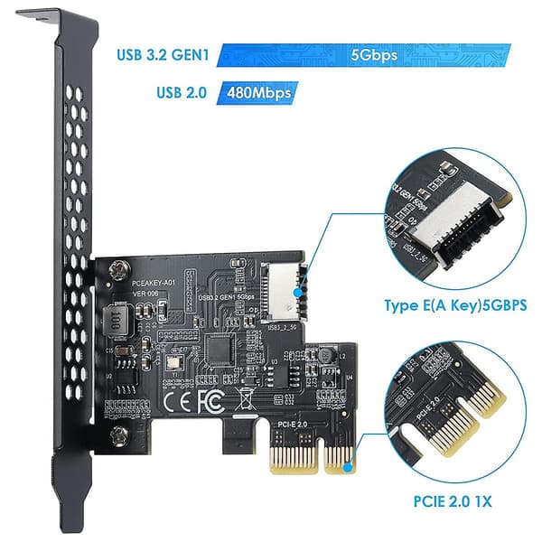 PCI-e 1x till Usb 3.2 Gen1 5gbps Typ-e A-nyckel Expansionskort, Frontpanel Typ-c Gränssnitt för Stationär Dator Svart