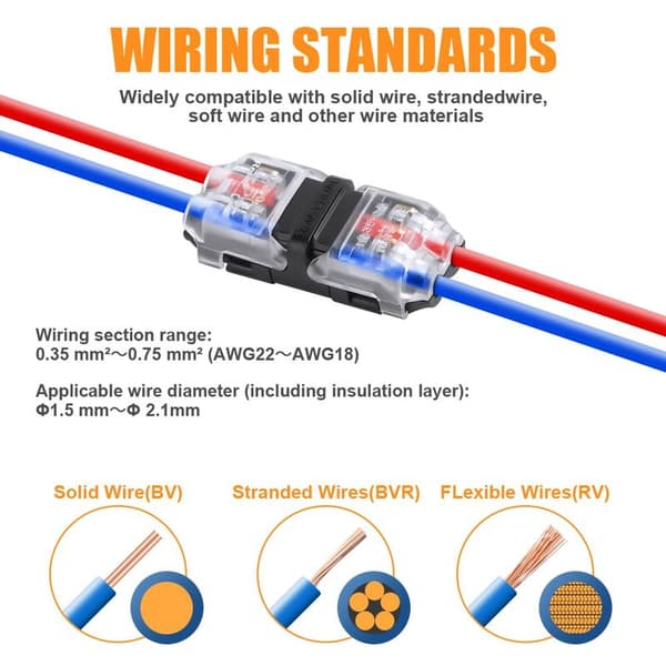 20 Stykker 2-bens H-formede elektriske ledningsforbindere, 20/22 AWG Hurtigkabelstik til Bil, Lys, Lyd
