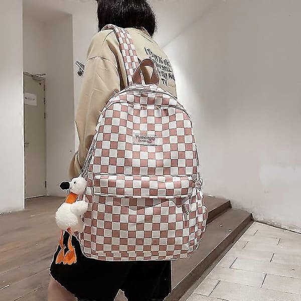 Terningsrygsæk til skole, unisex pink