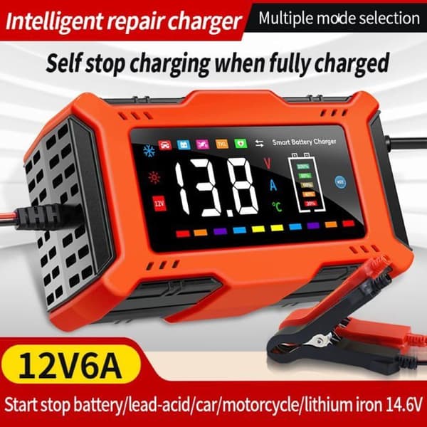 12V 6A Smart Batteriladdare – Blysyra & Litium: Starta, Underhålla och Reparera, Rosa