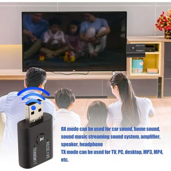 USB Bluetooth-sender/mottaker, 2-i-1 TX- og RX-moduser, støtter Bluetooth 5.0 SBC-kodek, 3,5 mm og USB-A-kontakter, lett design