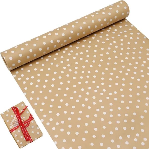 Rulle Födelsedagspresentpapper, 43cm x 15M Kraftpapper Tryckt med Vita Prickar Återvinningsbart Presentpapper