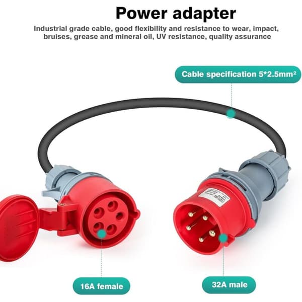Campingadapterstik, 32A han til 16A hun 5-polet strømadapter, 32A til 16A adapterkabel, 1 meter