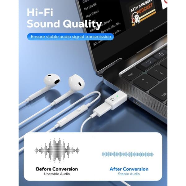 Lightning til USB-C lydadapter, USB-C til Lightning-adapter for hodetelefoner og øretelefoner kompatibel med iPhone Air 17, 16, 15 Pro Max Plus og