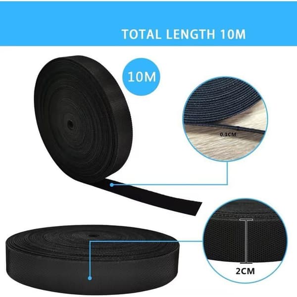 10m x 20mm nylon velcrobånd - Genanvendelige sorte, selvklæbende og vandtætte kabelbindere