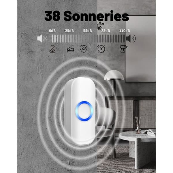 Vanntett trådløs dørklokke - 1 sender + 1 mottaker, 150m rekkevidde, 39 ringetoner, 100dB, LED