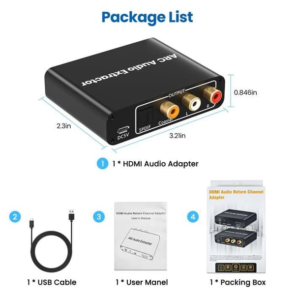 HDMI ARC-adapter, ARC-lydekstraktor med TOSLINK SPDIF/optisk digital koaksial og 3,5 mm L/R stereokonverterer