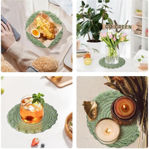 Set med 6 vävda glasunderlägg, runda flätade glasunderlägg för bröllop, middagar, restauranger, hotell, 18 cm - Grön