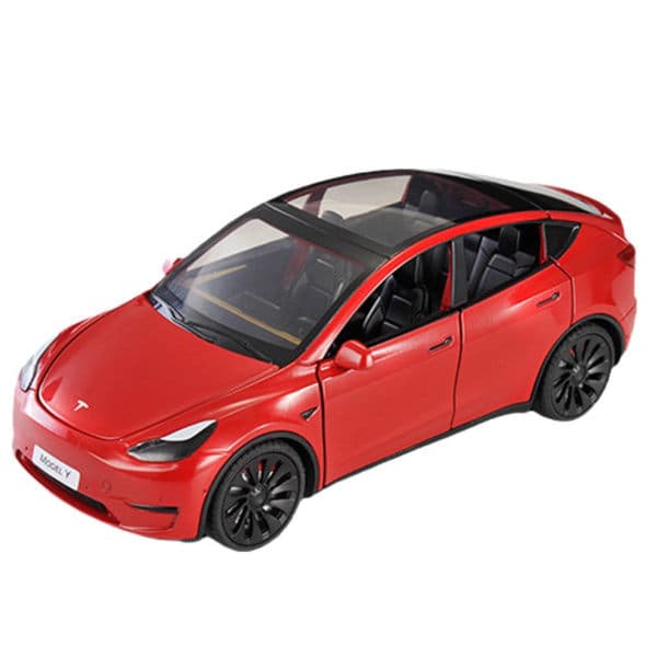 Legetøjsbil i legering til Tesla Model Y, Model Y med lyd og lys, hvid