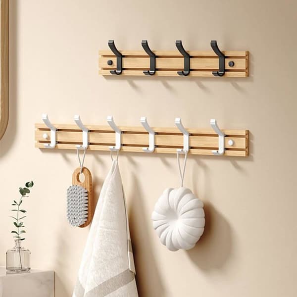 Väggmonterad klädhängare med 5 krokar - Bambu & aluminiumlegering - Vit - 50 cm