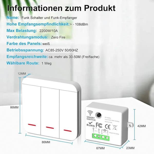 433MHz trådløs bryter - 10A/2200W sender, smart lysbryter, innfelt montering
