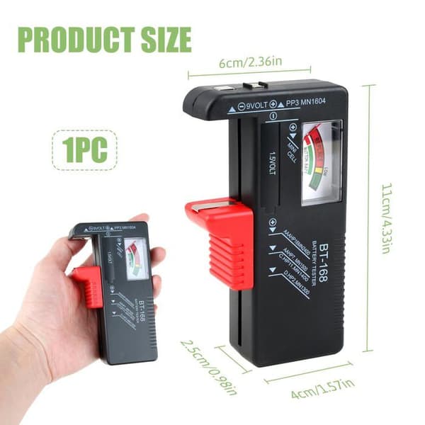 Universal batteritester - analog for AA AAA CD 9V og knappebatterier, fungerer uten batterier