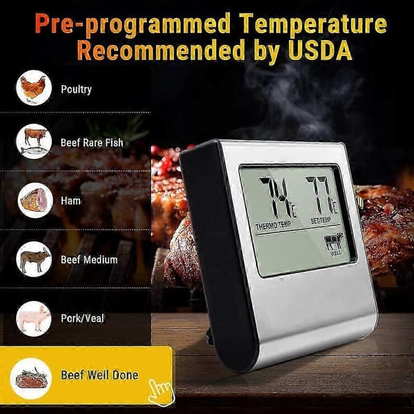 Digitalt mattermometer, stor LCD med sonde, BBQ-grilltimer og matkjøttrøyker