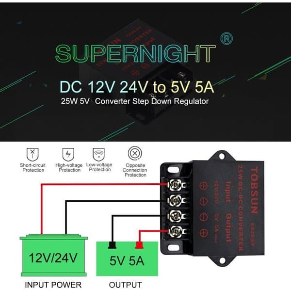 DC-DC Step-Down Buck Converter - 12-24V til 5V 5A - 25W - Overstrøms-/Overspændings-/Overophedningsbeskyttelse