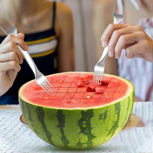 Rustfrit stål 2-i-1 vandmelon gaffeludskærer, bærbar vandmelon gaffel til hjemmefest camping køkkengadget