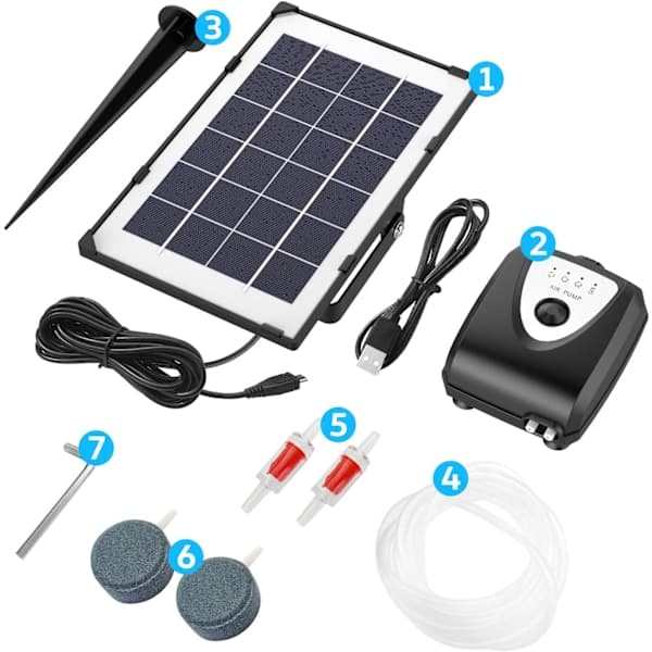 Solarluftpump, akvarieventilator, dammventilator, med akvariesyreslang och luftsten (blå)