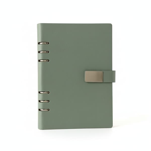 A5 6-rings PU-permnotatbok, uthulet løsbladjournal for forretninger, tilpassbar logo, salviegrønn