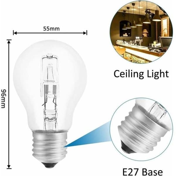 Förpackning med 5 E27 A55 42W dimbara halogenlampor, 650 lm, 2700K varmvit (klot)