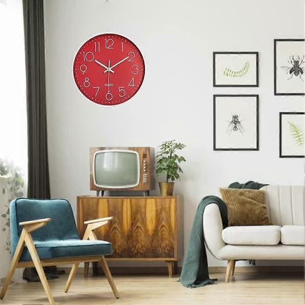 Tyst väggklocka 30 cm köksklocka kvarts batteridriven rund modern heminredningsklocka för kontor klassrum vardagsrum sovrum röd-vit Red-white