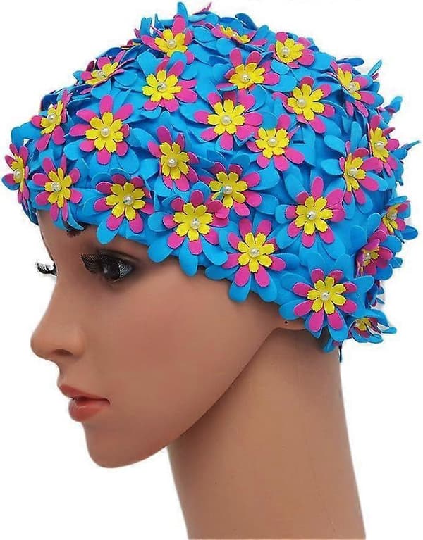 Badmössa med blommönster, retrostil, för kvinnor (Blå)