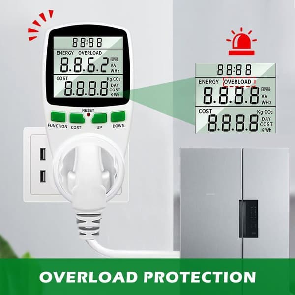 Digital plug-in wattmätare - Energimätare (kWh), spänning, ström, frekvens, effektfaktor