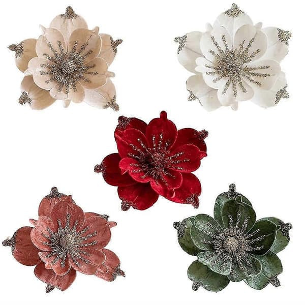 5 STK Glitter Blomst Kunstige Juleblomster Hengende Jul