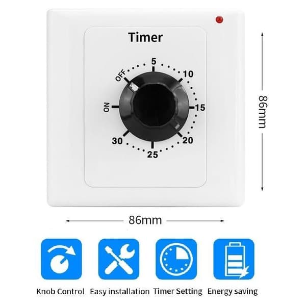 Nedräkningstimerbrytare 30 min - AC 220V 50Hz - 15A - Väggmonterad knapp - Vit