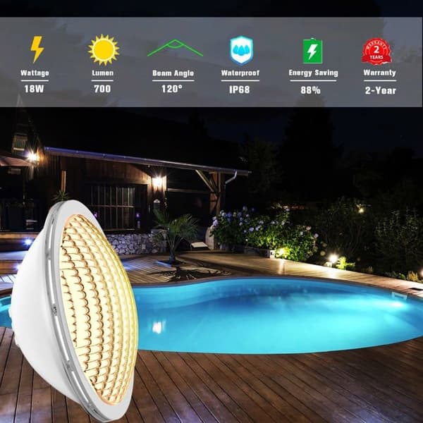 PAR56 LED bassenglys, 18W, IP68, 12V, 3000K varmhvit, Ø176mm