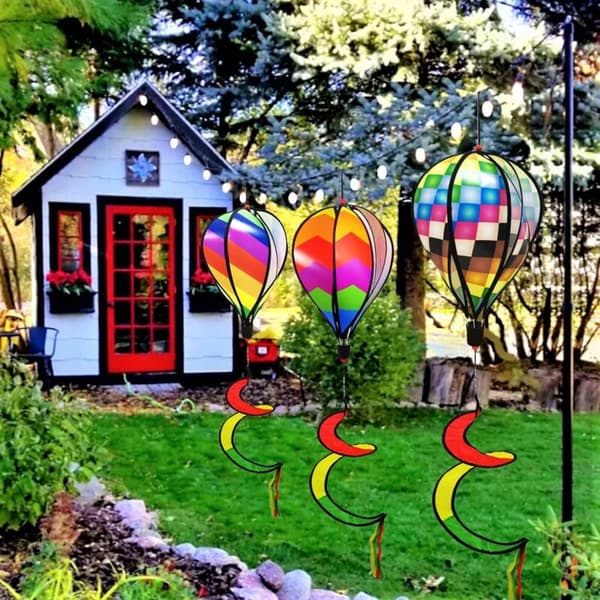 Sett med 3 regnbue varmluftsballonger 110 cm, vindmølle-snurrer roterende vindposer, hagepynt